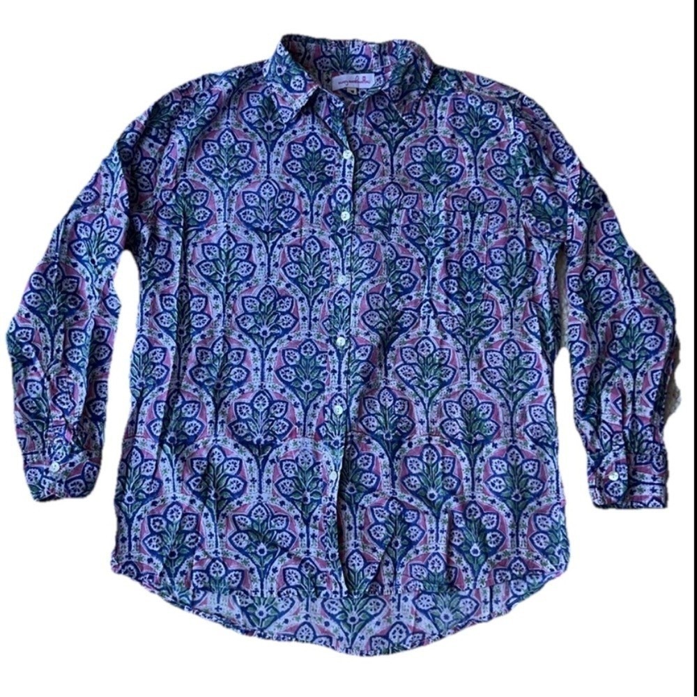 Mary Marshmallow Floral Boyfriend Shirt Button Down Blouse Boho Preppy Pink‎ M